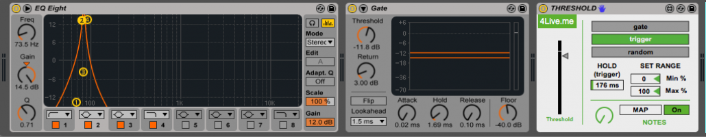 This pile of devices isolates the kick drum, sends it to 'threshold' which outputs it to the second phase of audio-to-midi chain.